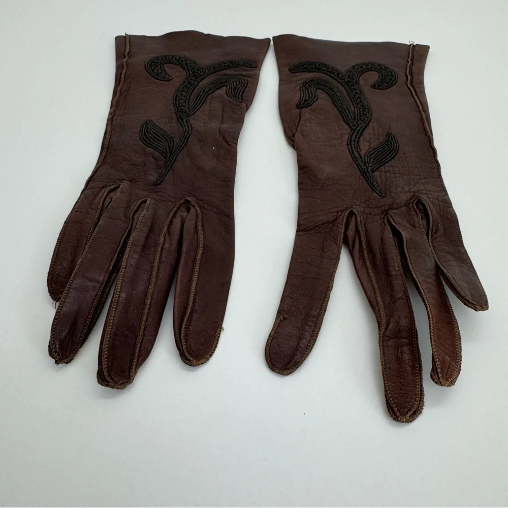 Vintage Embroidered Leather Gloves Women’s Brown